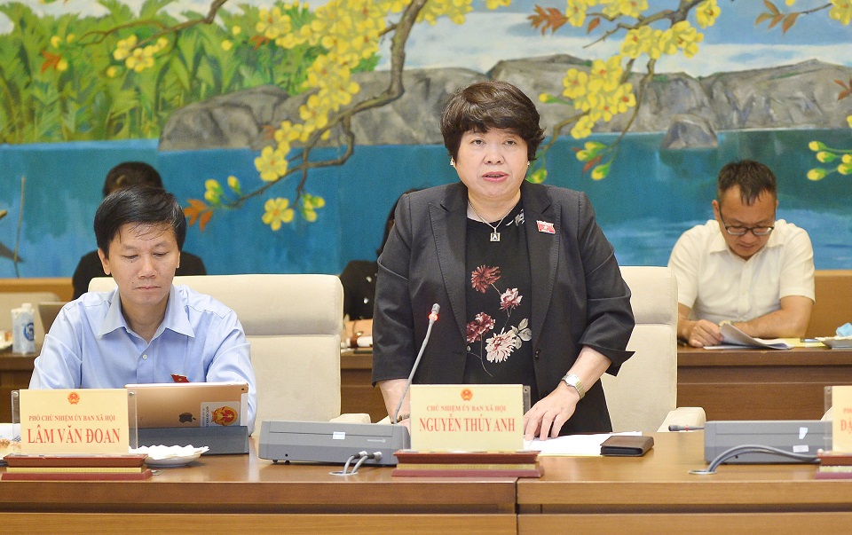 Bà Nguyễn Thúy Anh, Chủ nhiệm Ủy ban Xã hội của Quốc hội phát biểu tại phiên họp. Ảnh: Quốc hội
